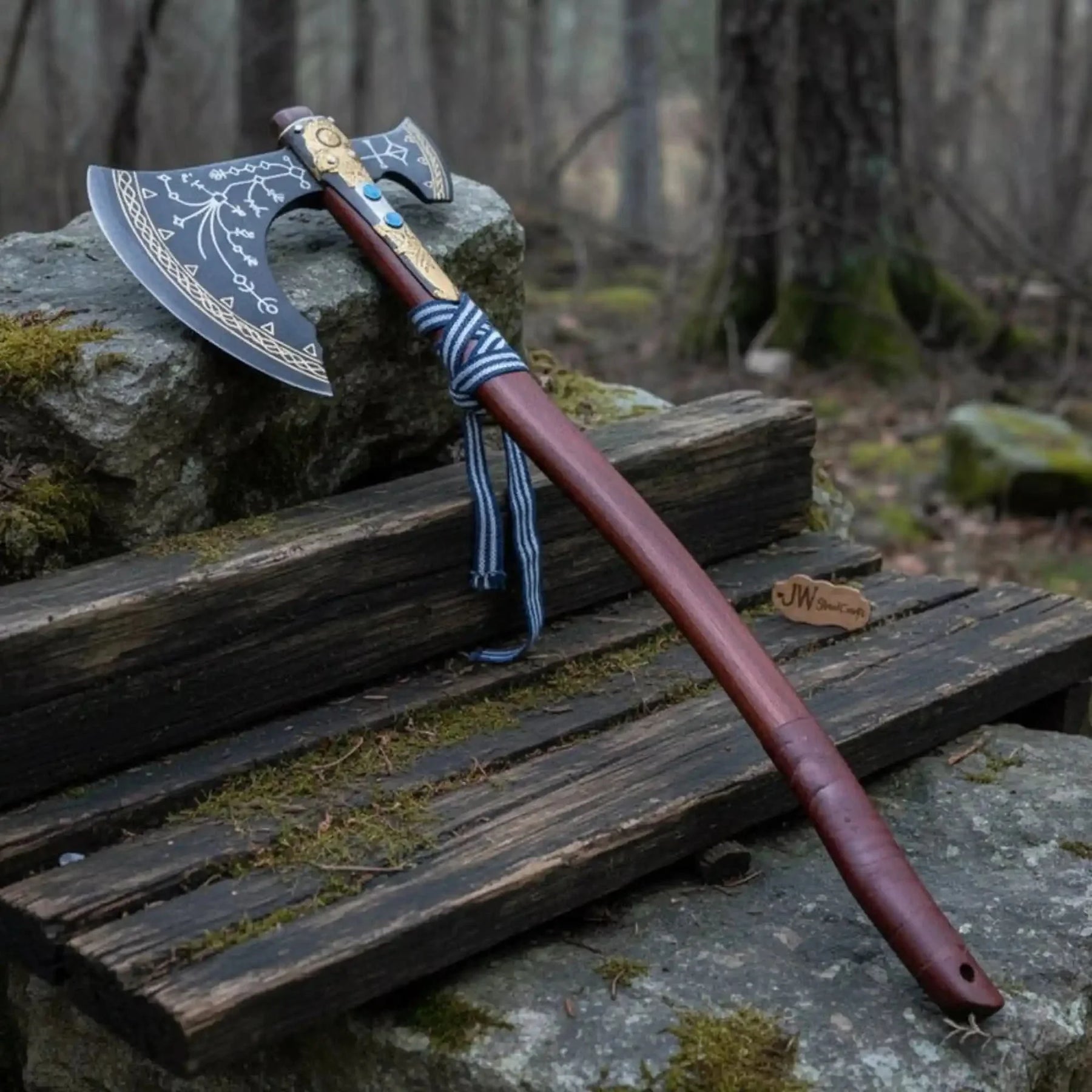Hand Forged Viking Fantasy Double-Bit Axe with Norse Engraving, Gold Handle Fittings and Blue Gemstone Inlays by JW SteelCrafts, handmade jewelry detail photo 7
