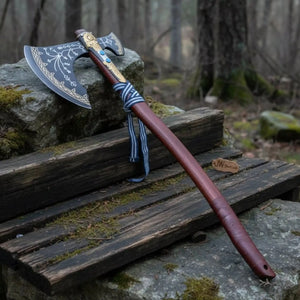 Hand Forged Viking Fantasy Double-Bit Axe with Norse Engraving, Gold Handle Fittings and Blue Gemstone Inlays by JW SteelCrafts, handmade jewelry detail photo 7