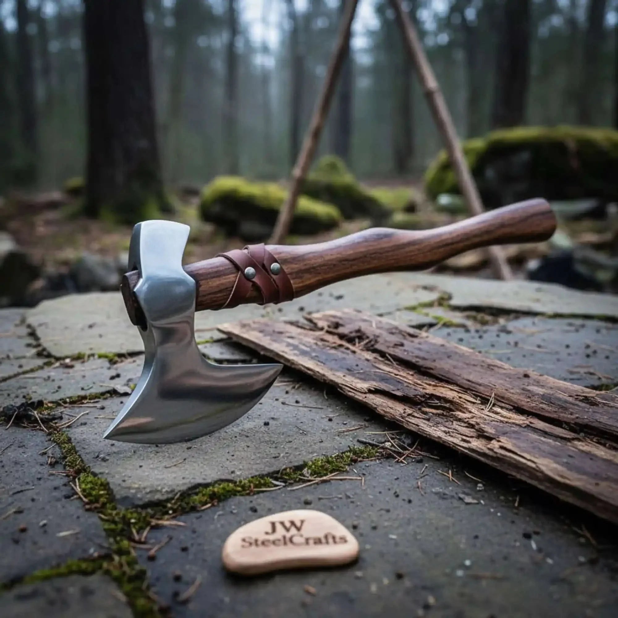 Late Viking-Era Skeggøx Camp Axe — Short Curved Handle, Leather Grip, Forged Steel Head by JW SteelCrafts, Southern lifestyle apparel main product photo