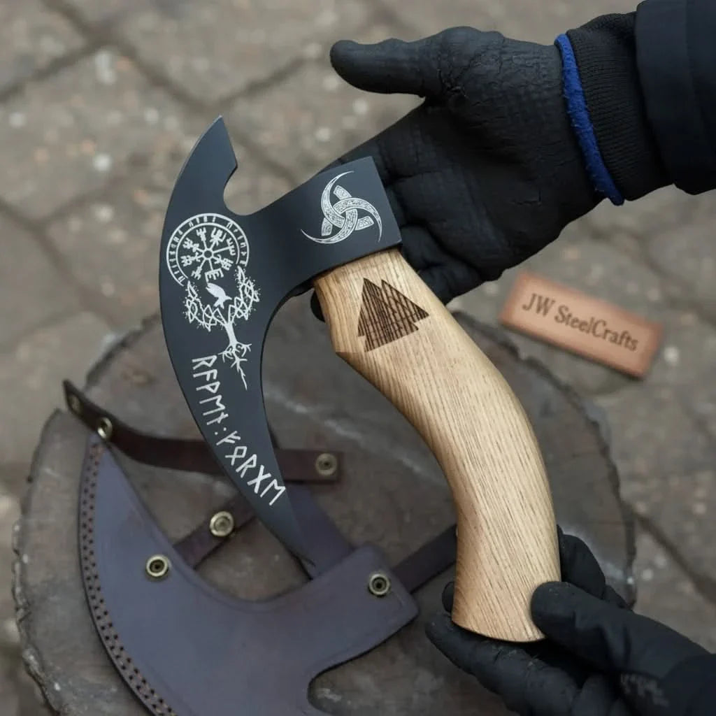Viking Style Engraved Bearded Axe – Oak Wood Handle by JW SteelCrafts, handmade axe detail photo 6