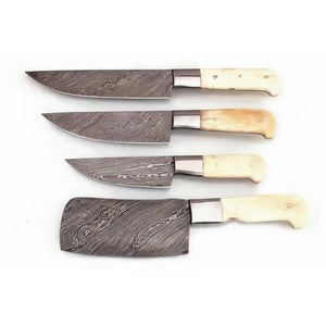 4-Piece Damascus Kitchen Knife Set — Chef, Slicer, Utility & Cleaver with White Camel Bone Handles & Steel Bolsters | JW Steel Crafts by JW SteelCrafts, Damascus knife detail