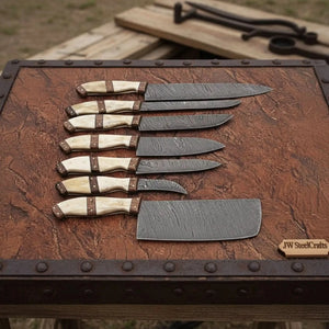 7-Piece Damascus Kitchen Knife Set — Bread, Cleaver, Chef, Santoku, Fillet, Boning & Utility by JW SteelCrafts, Damascus knife main product photo