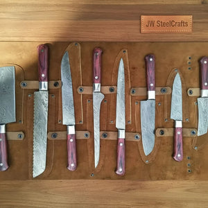 8-Piece Damascus Kitchen Knife Set — Red Pakka Wood Handles by JW SteelCrafts, Damascus knife main product photo