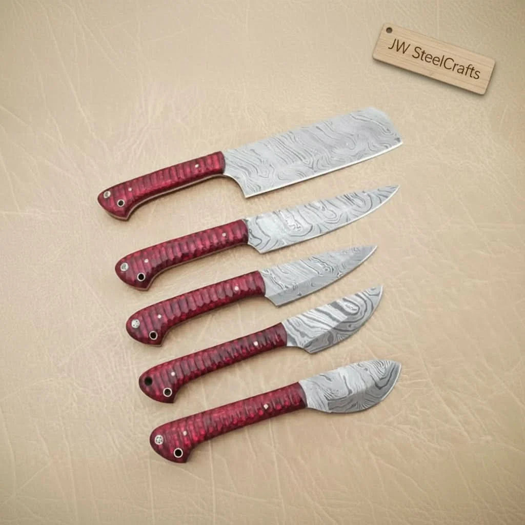 6-Piece Damascus Kitchen Knife Set — Bread, Chef, Santoku, Utility, Boning & Paring with Red Wood Handles by JW SteelCrafts, Damascus knife detail photo 3