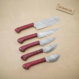 6-Piece Damascus Kitchen Knife Set — Bread, Chef, Santoku, Utility, Boning & Paring with Red Wood Handles by JW SteelCrafts, Damascus knife detail photo 3