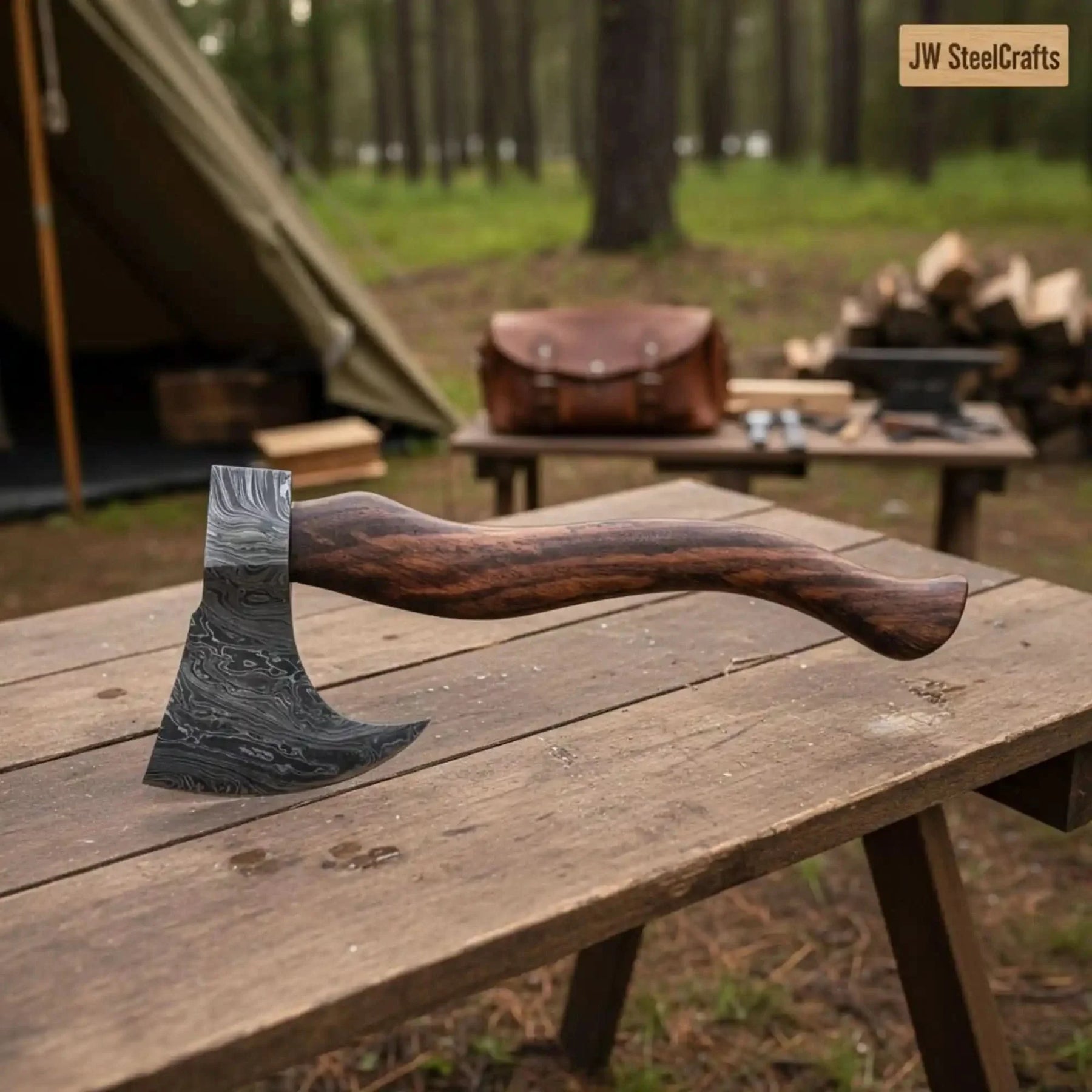 Hand-Forged Damascus Bearded Bushcraft Hatchet with Curved Hardwood Handle by JW SteelCrafts, Southern lifestyle apparel main product photo