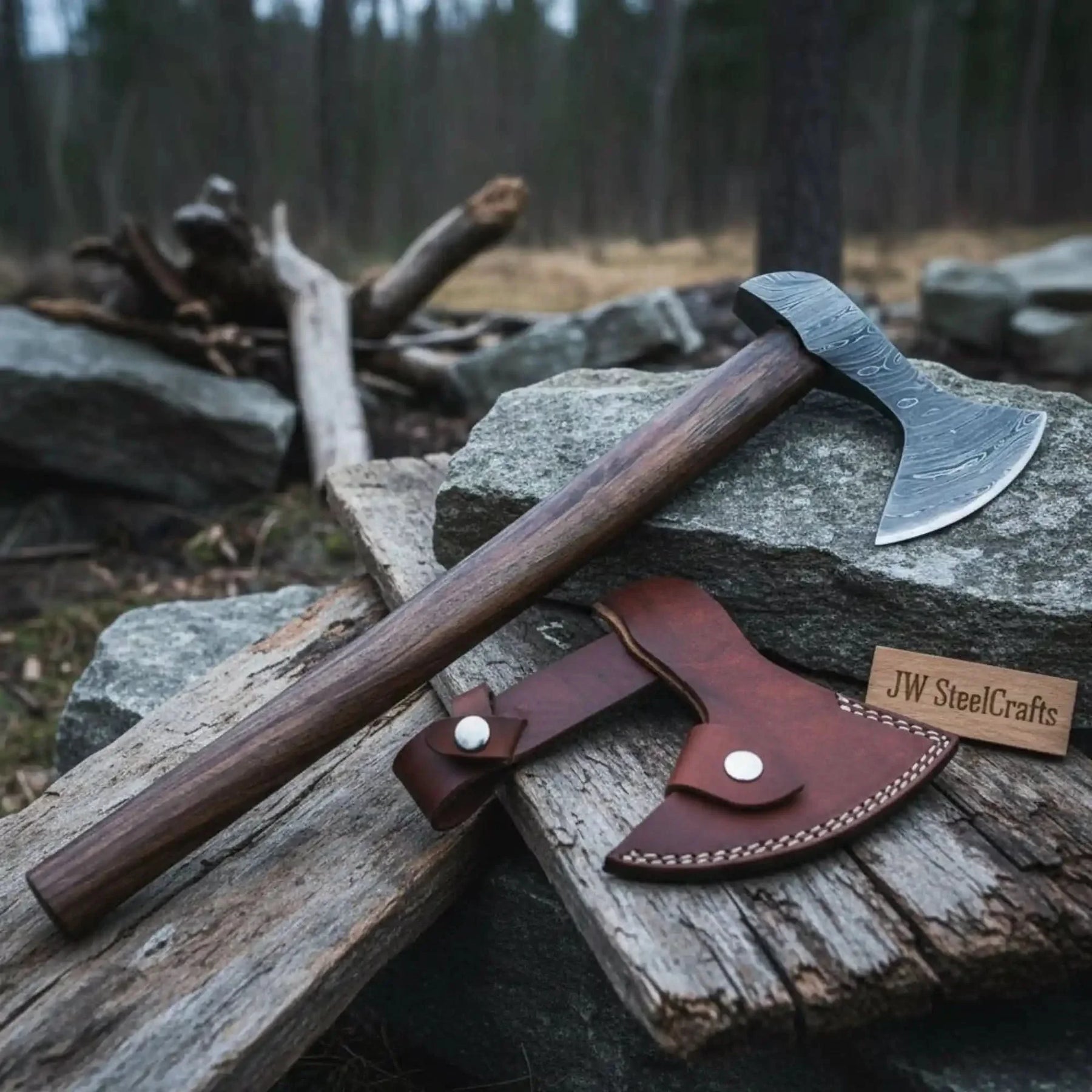 Custom Handmade Damascus Steel Burl Wood Axe Hatchet Tomahawk by JW SteelCrafts, Southern lifestyle apparel main product photo