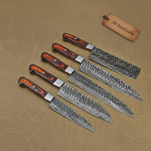 5-Piece Handmade Damascus Kitchen Knife Set with Red Pakka Wood Handles by JW SteelCrafts, Damascus knife detail photo 2