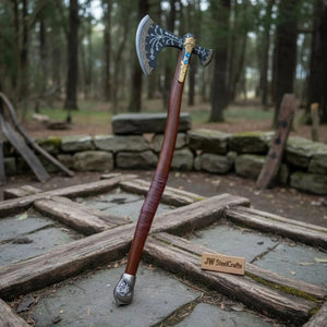 Hand Forged Viking Fantasy Double-Bit Axe with Norse Engraving, Gold Handle Fittings and Blue Gemstone Inlays by JW SteelCrafts, handmade jewelry detail photo 19