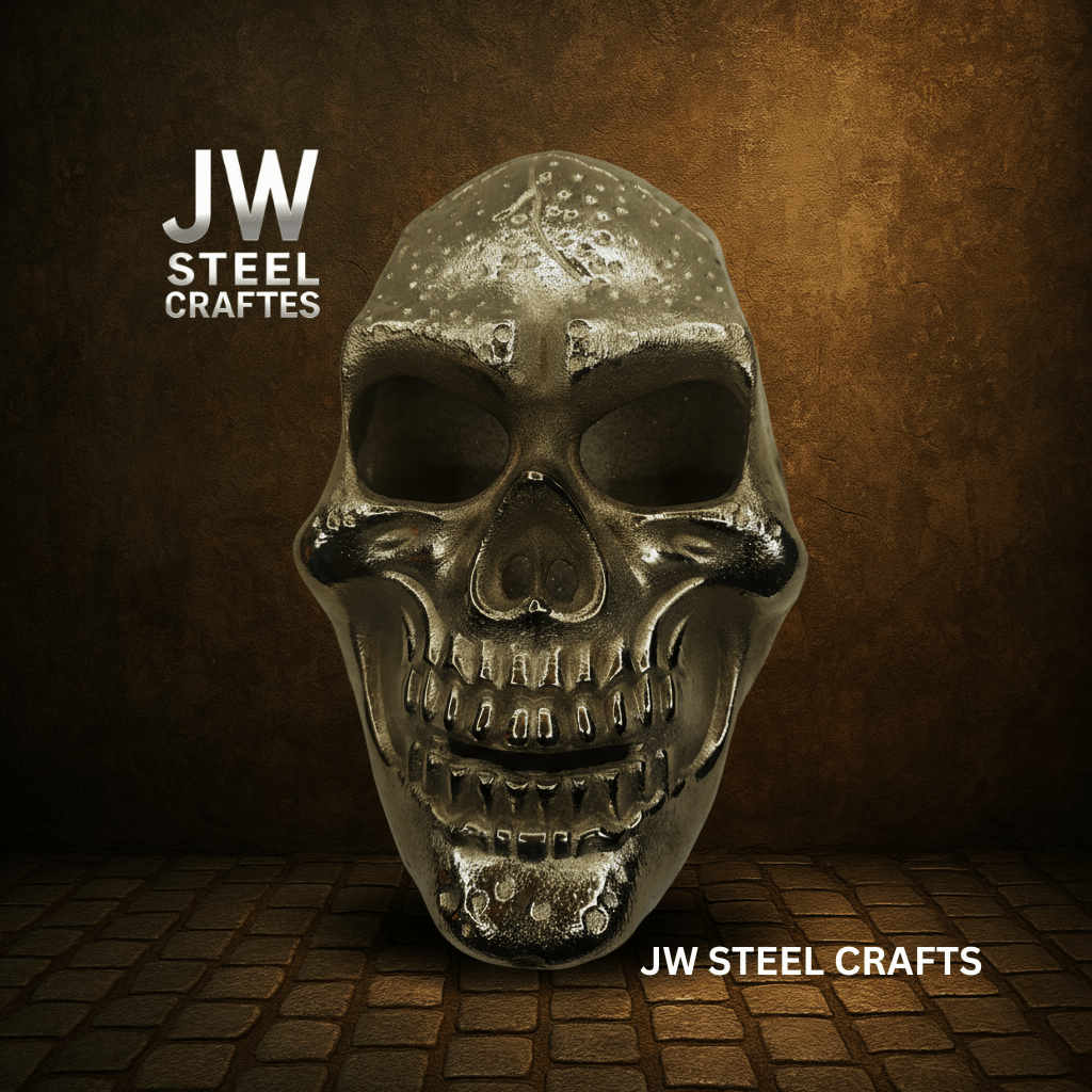 Handcrafted Metal Skull Mask: Choose Copper, Chrome or Antique Finish by JW SteelCrafts, original artwork detail photo 3