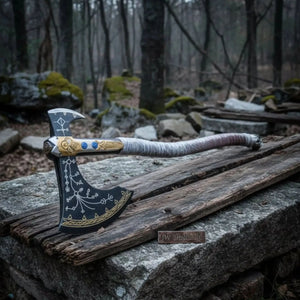 Hand Forged Viking Fantasy Double-Bit Axe with Norse Engraving, Gold Handle Fittings and Blue Gemstone Inlays by JW SteelCrafts, handmade jewelry detail photo 15