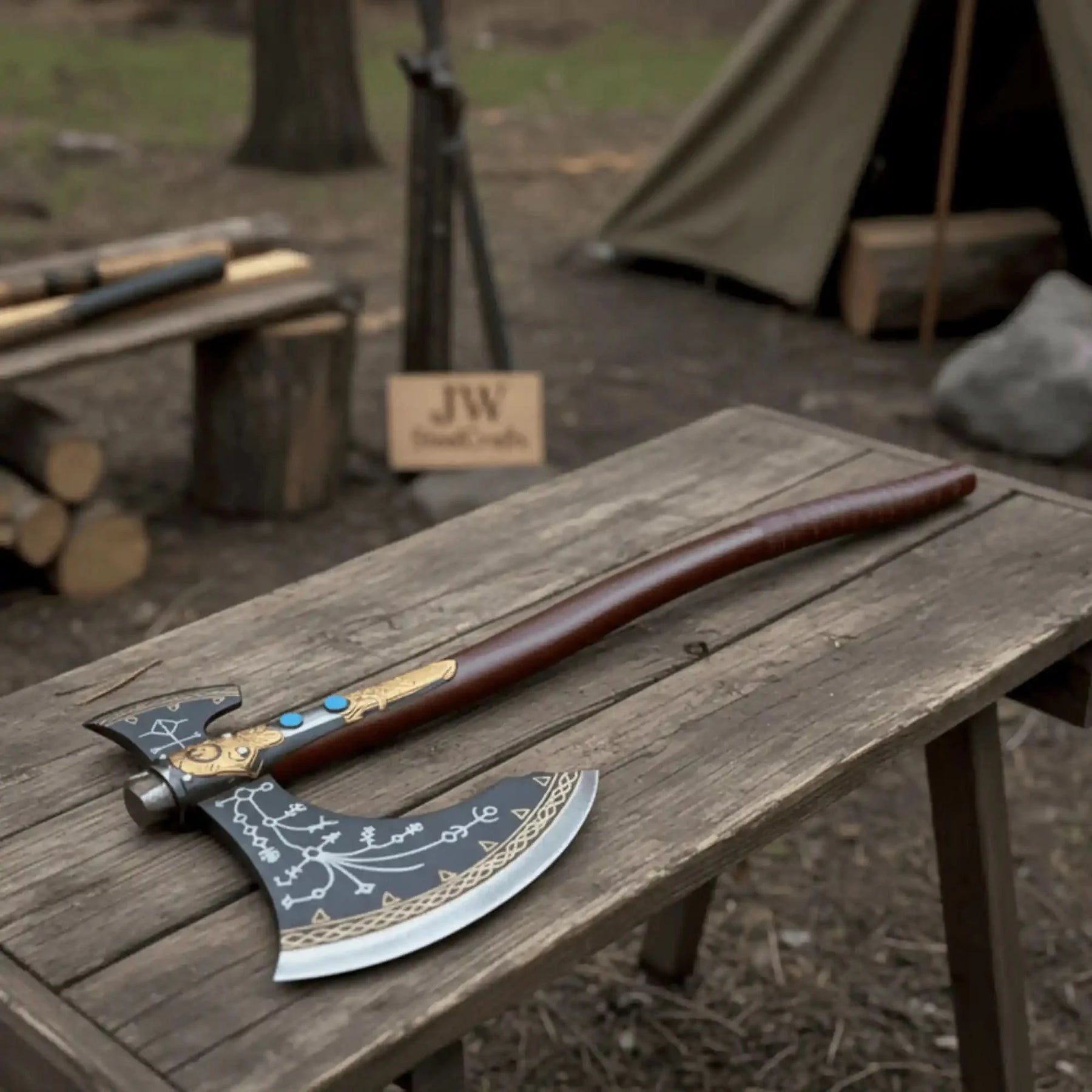 Hand Forged Viking Fantasy Double-Bit Axe with Norse Engraving, Gold Handle Fittings and Blue Gemstone Inlays by JW SteelCrafts, handmade jewelry detail photo 2