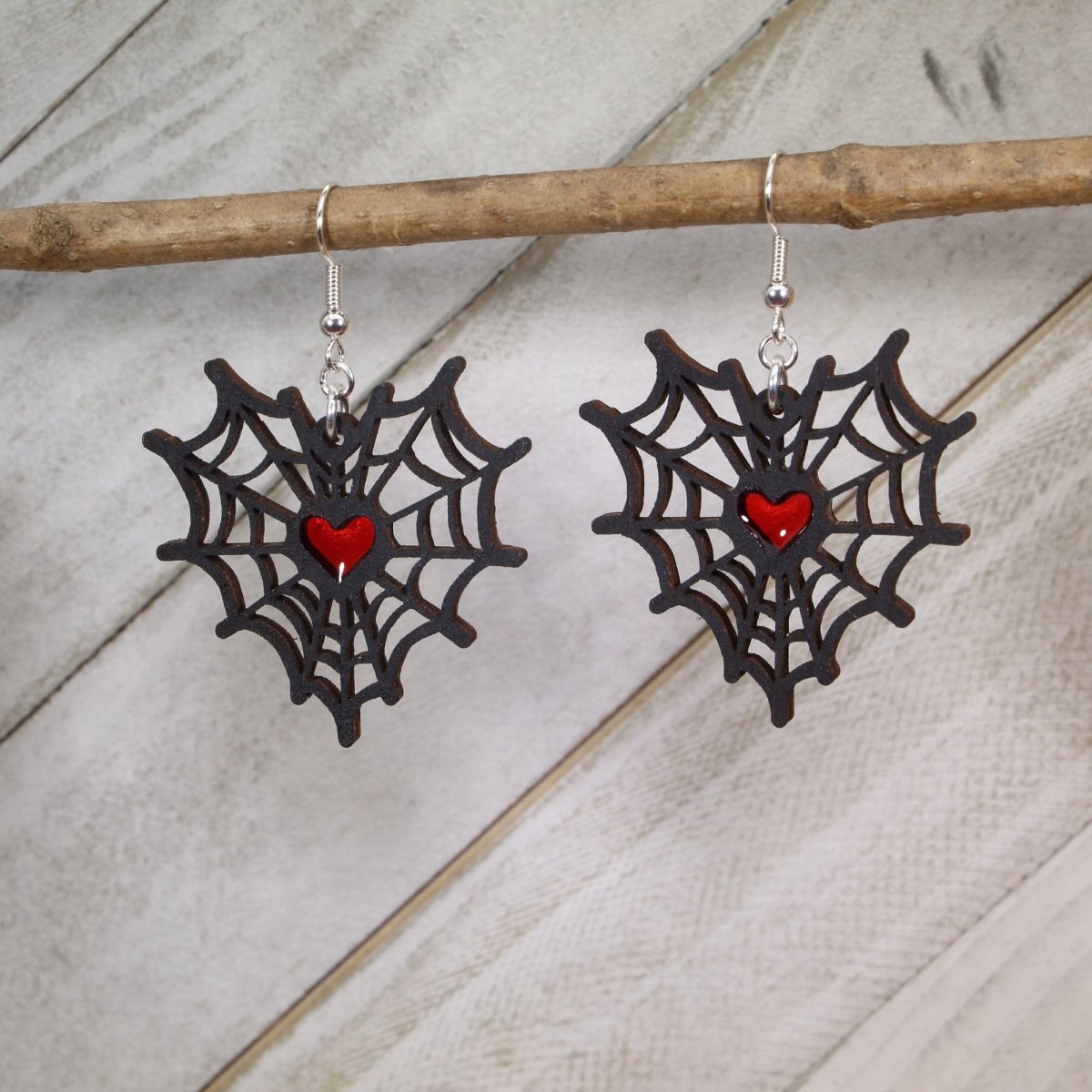 Spiderweb Heart Wood Resin Earrings | Gothic Valentine Jewelry by Cate's Concepts, LLC, handmade jewelry main product photo