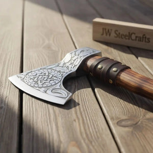 Handcrafted Viking Bearded Axe Engraved Blade Wolf Carved Wooden Handle Functional Sharp Edge detail view by JW SteelCrafts