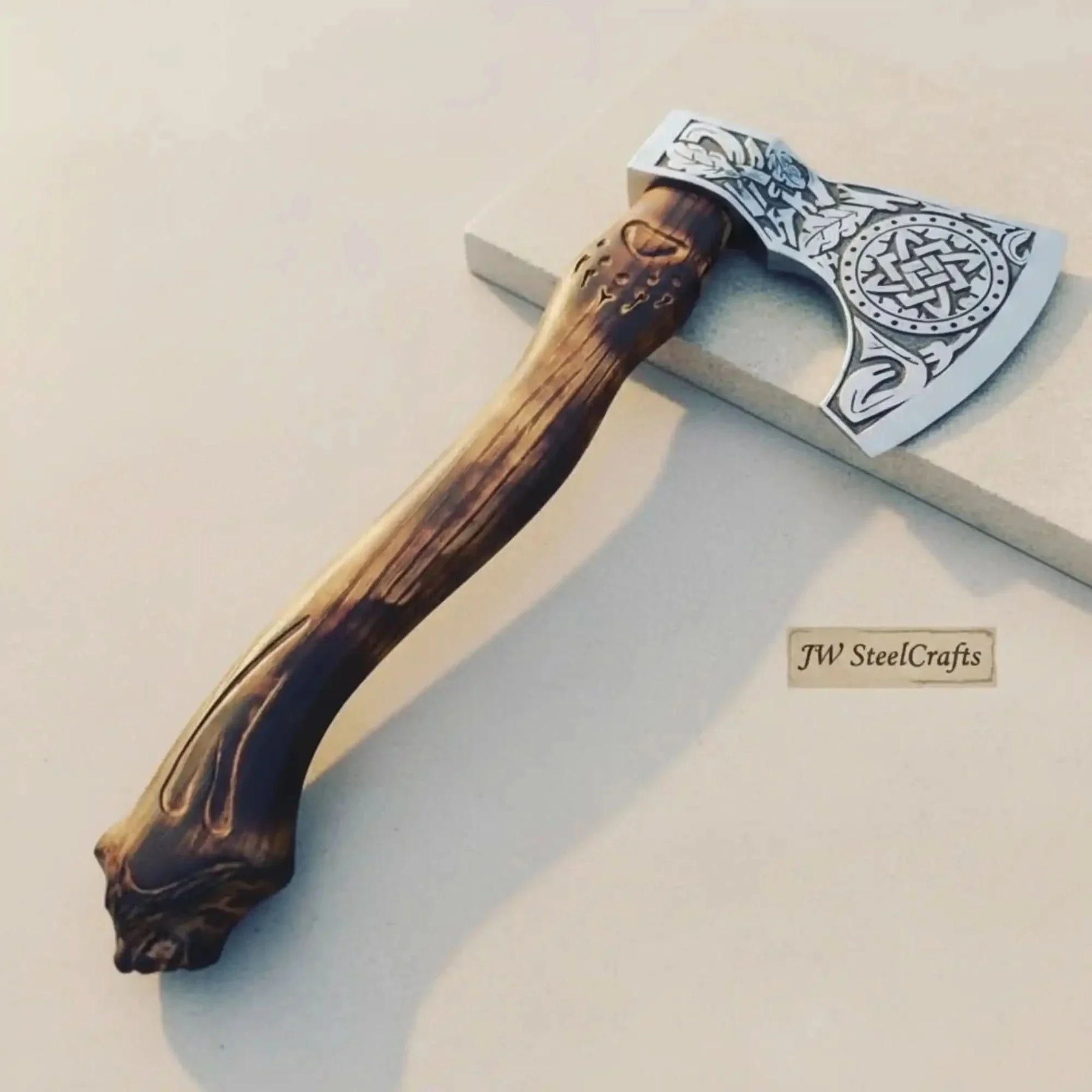 Handcrafted Viking Bearded Axe Engraved Blade Wolf Carved Wooden Handle Functional Sharp Edge by JW SteelCrafts
