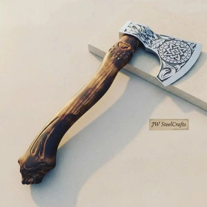 Handcrafted Viking Bearded Axe Engraved Blade Wolf Carved Wooden Handle Functional Sharp Edge by JW SteelCrafts