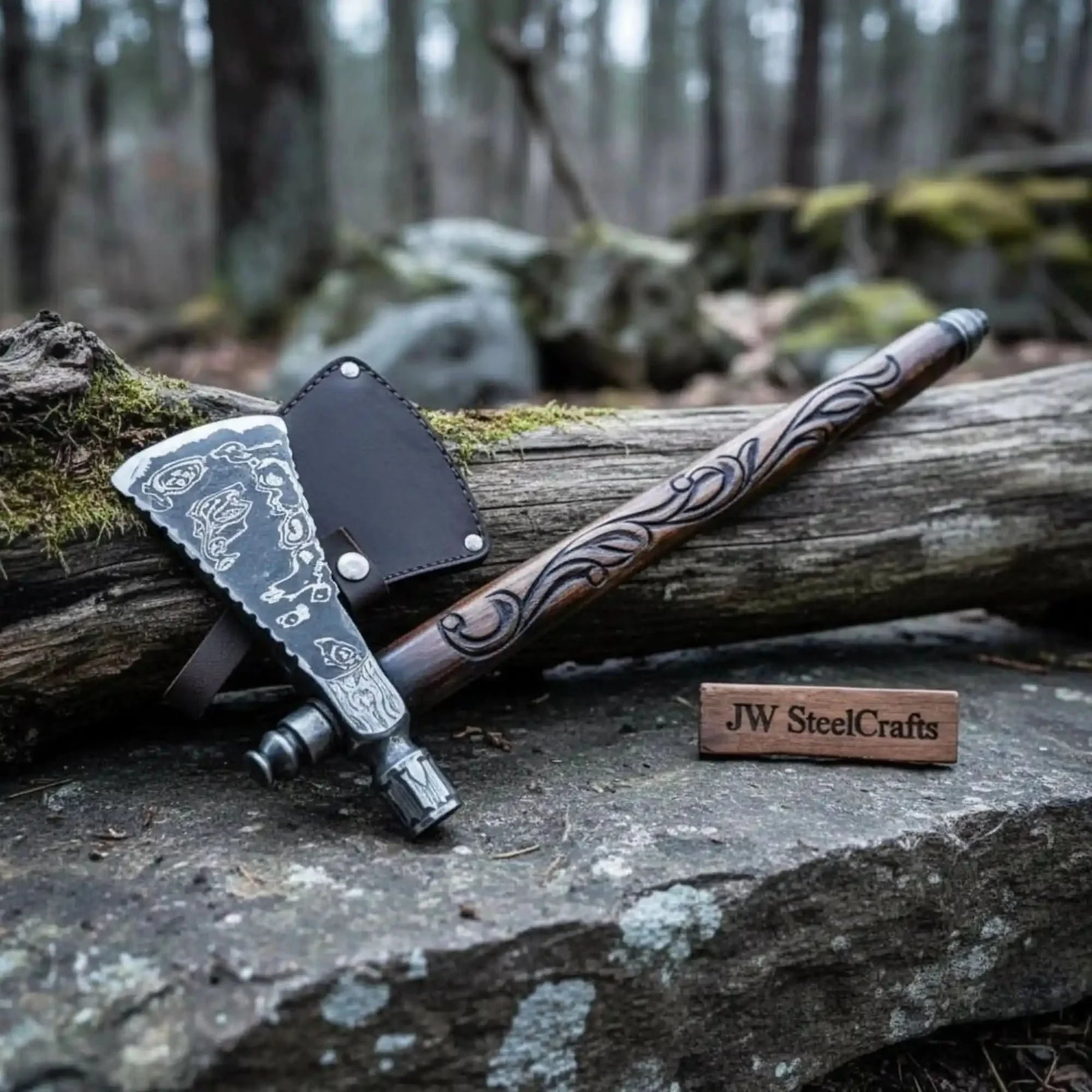 Custom Hand Forged Damascus Steel Smoking Axe – Functional Pipe Axe with Carved Hardwood Shaft by JW SteelCrafts, Southern lifestyle apparel main product photo