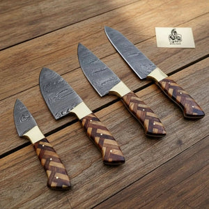 Custom Made Chef Knife Set with 4-Piece Damascus Blades and Chevron Wood Handles detail view by JW SteelCrafts