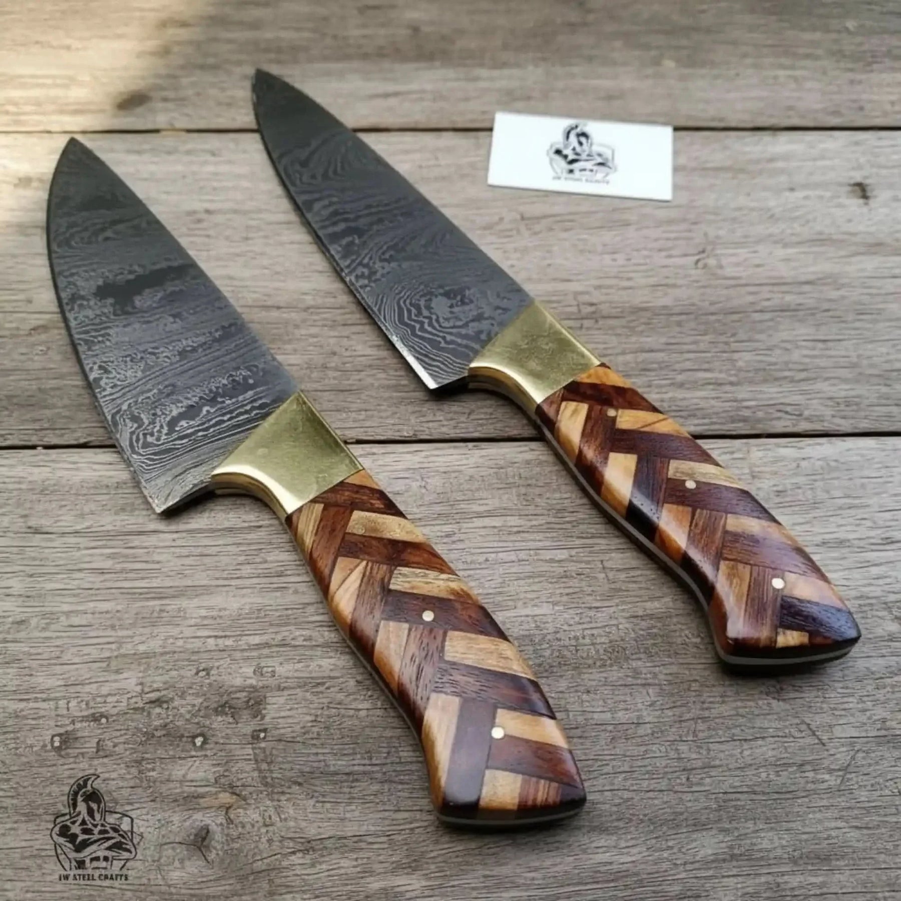Custom Made Chef Knife Set with 4-Piece Damascus Blades and Chevron Wood Handles