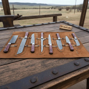 8-Piece Damascus Kitchen Knife Set — Red Pakka Wood Handles by JW SteelCrafts, Damascus knife detail photo 2