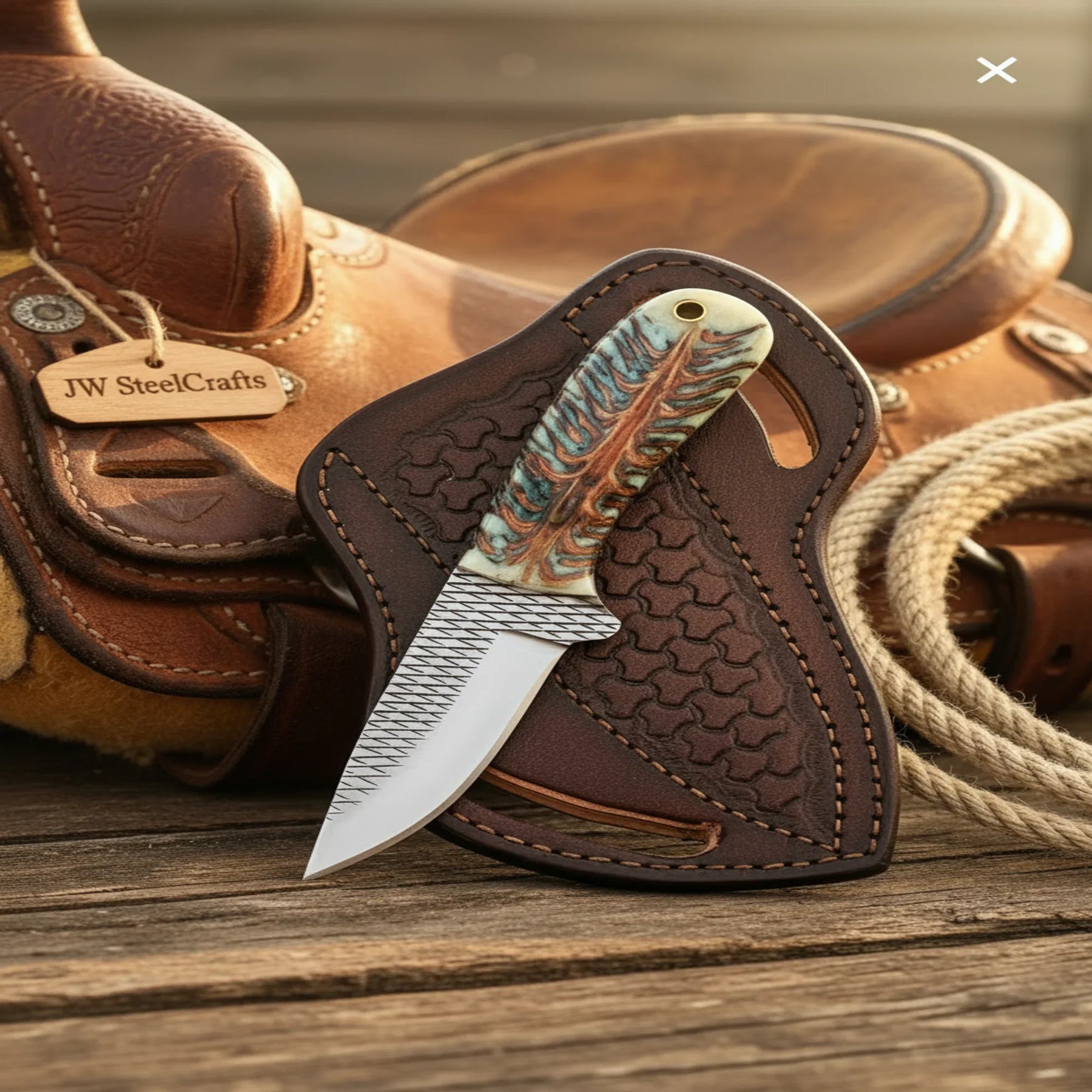 Handmade Cowboy Fixed Blade Knife Resin Handle Western Pancake Leather Sheath by JW SteelCrafts