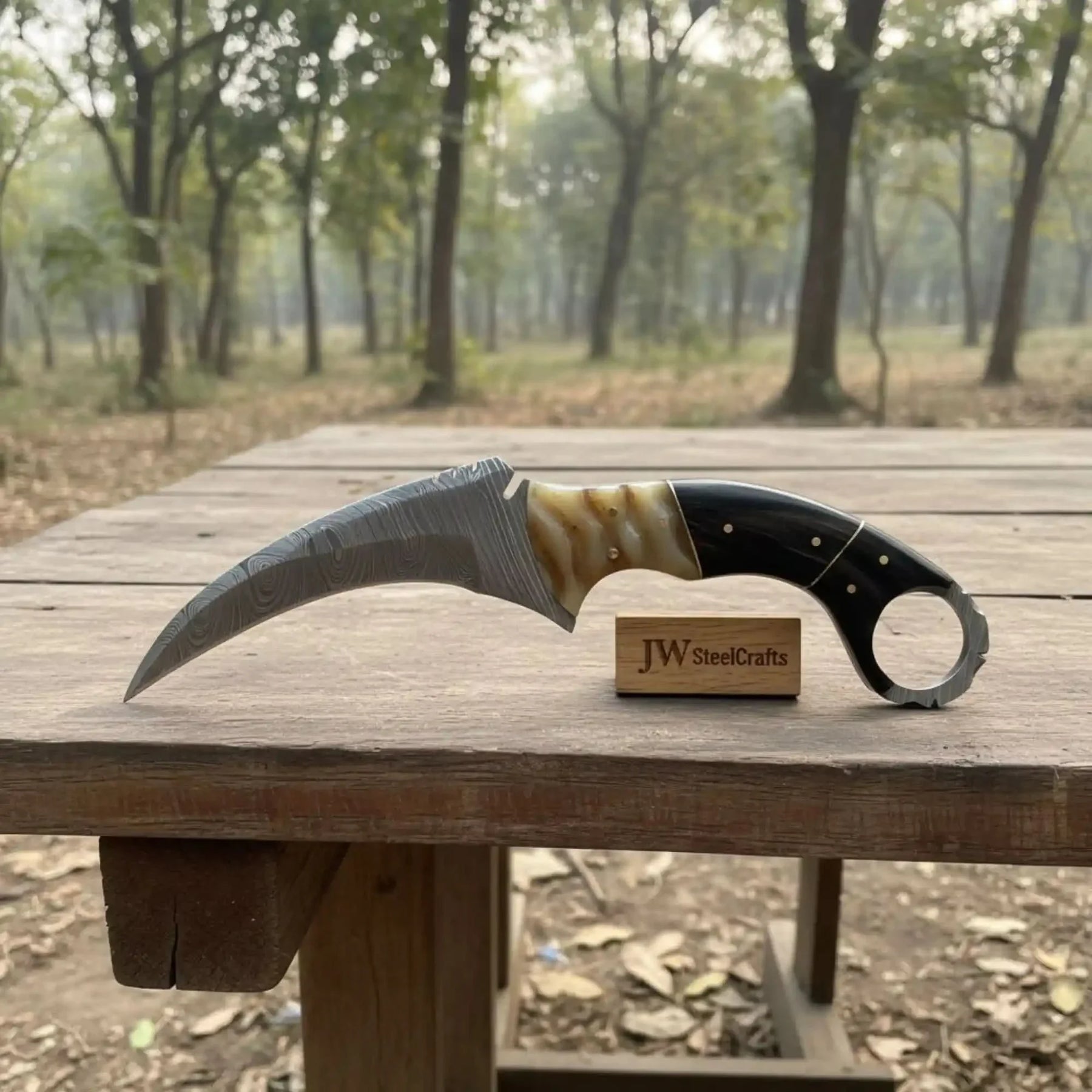 Handmade Damascus Karambit Knife with Horn Handle and Finger Ring detail view by JW SteelCrafts