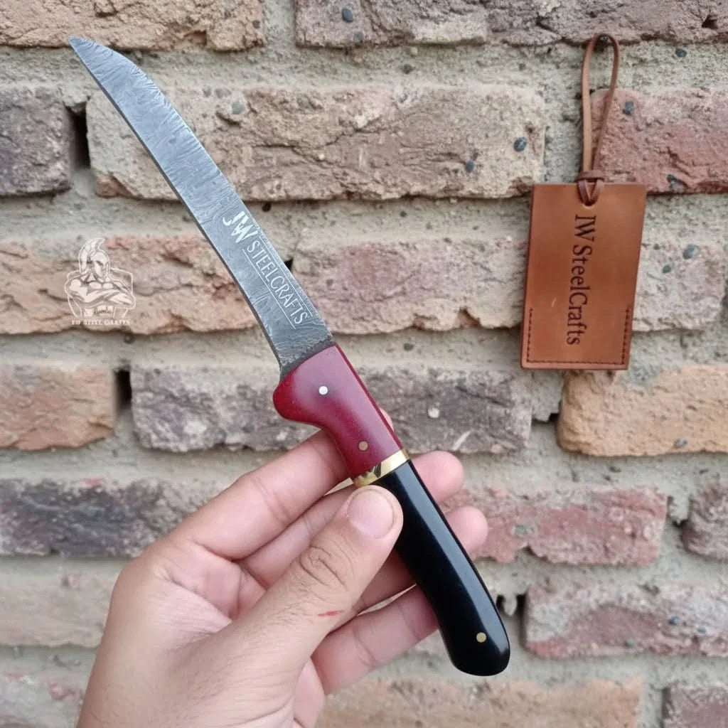 13-Inch Forged Damascus Boning & Fillet Knife — Blue and Red Two-Tone Resin Handle, Steel Bolster & Silver Pins by JW SteelCrafts, Damascus knife detail photo 5
