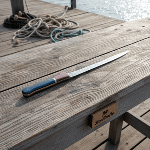 13-Inch Forged Damascus Boning & Fillet Knife — Blue and Red Two-Tone Resin Handle, Steel Bolster & Silver Pins by JW SteelCrafts, Damascus knife main product photo