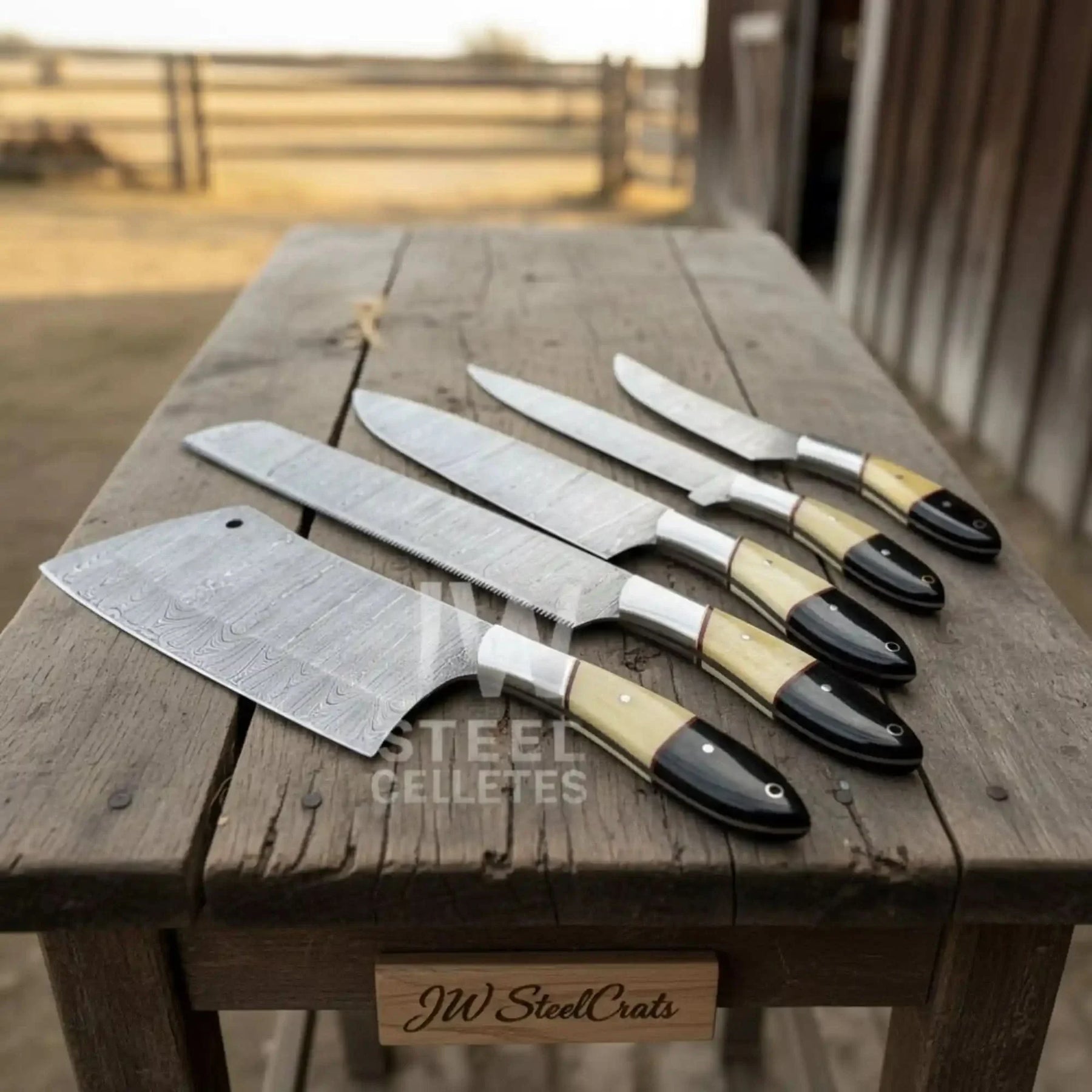 5-Piece Damascus Chef Knife Set – Camel Bone and Black Micarta Handles detail view by JW SteelCrafts
