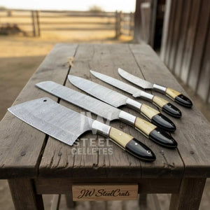 5-Piece Damascus Chef Knife Set – Camel Bone and Black Micarta Handles detail view by JW SteelCrafts