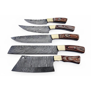 Handmade Damascus Kitchen Knife Set of 5 with Full Tang Wood Handles by JW SteelCrafts, Damascus knife detail photo 4