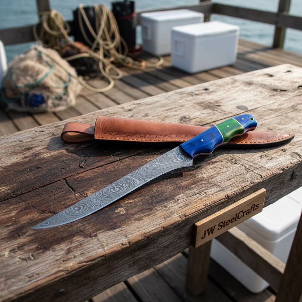 Handmade Damascus Fillet Knife – 10 Inch Overall, 5 Inch Precision Fish Filleting Blade with Colored Wood Handle, Full Tang Fishing Knife with Leather by JW SteelCrafts, Damascus