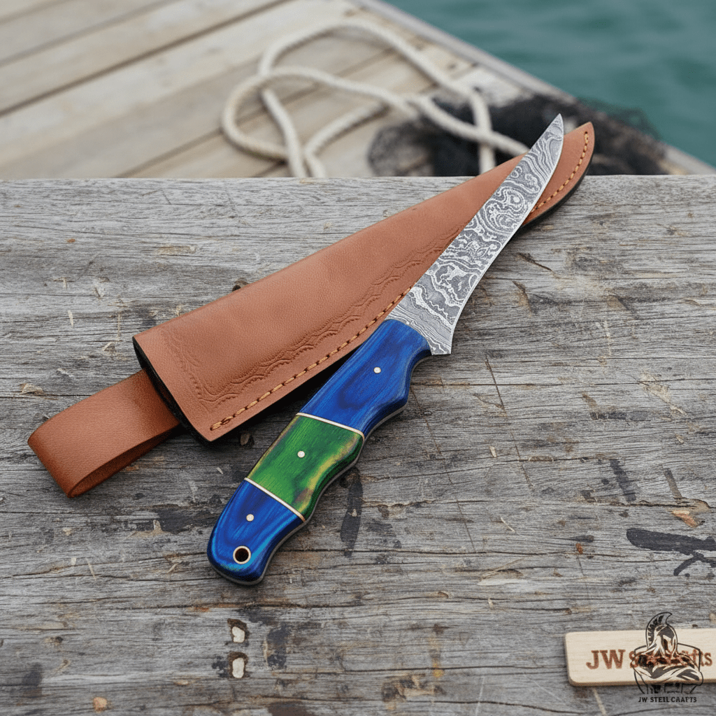 Handmade Damascus Fillet Knife – 10 Inch Overall, 5 Inch Precision Fish Filleting Blade with Colored Wood Handle, Full Tang Fishing Knife with Leather by JW SteelCrafts, Damascus