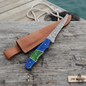 Handmade Damascus Fillet Knife – 10 Inch Overall, 5 Inch Precision Fish Filleting Blade with Colored Wood Handle, Full Tang Fishing Knife with Leather by JW SteelCrafts, Damascus