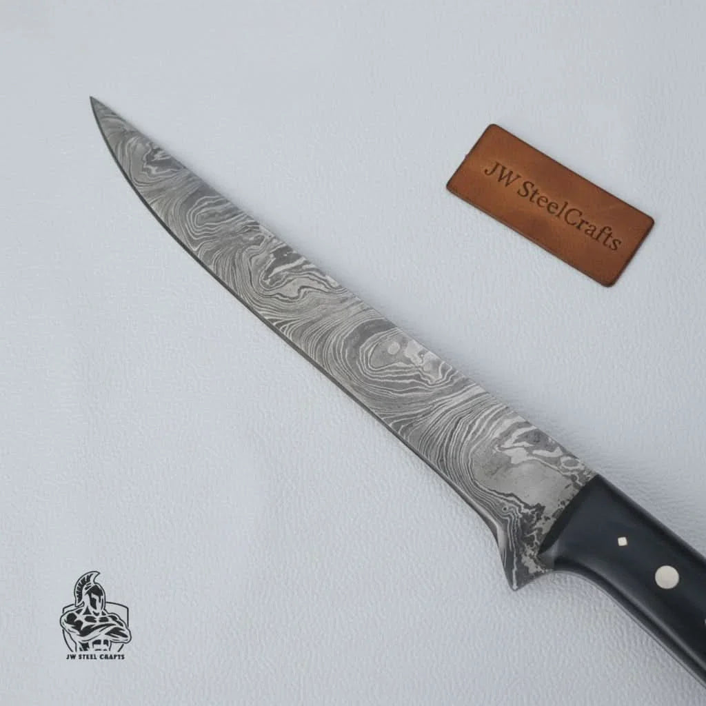 11.5 Inch Damascus Steel Fillet Knife with Two-Tone Colored Wood Handle | JW SteelCrafts by JW SteelCrafts, Damascus knife detail photo 3
