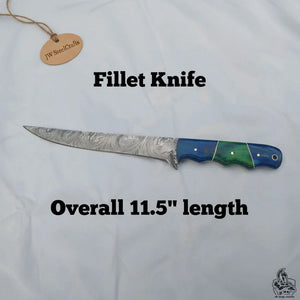 11.5 Inch Damascus Steel Fillet Knife with Two-Tone Colored Wood Handle | JW SteelCrafts by JW SteelCrafts, Damascus knife main product photo