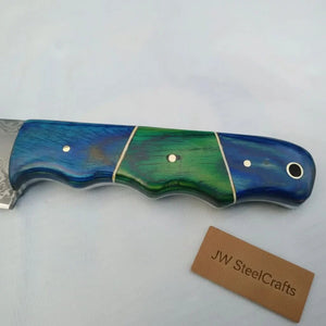 11.5 Inch Damascus Steel Fillet Knife with Two-Tone Colored Wood Handle | JW SteelCrafts by JW SteelCrafts, Damascus knife detail photo 4