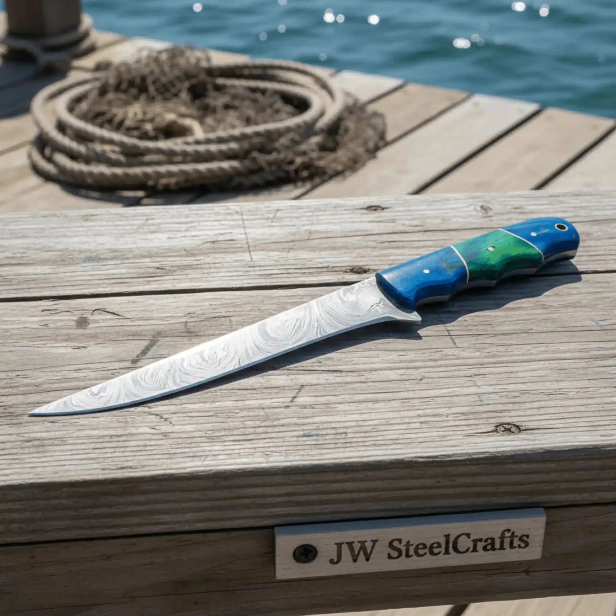 11.5 Inch Damascus Steel Fillet Knife with Two-Tone Colored Wood Handle | JW SteelCrafts by JW SteelCrafts