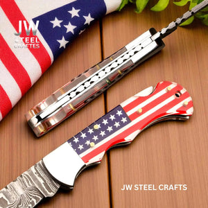 American Flag Damascus Folding Hunter with Ram Horn Handle detail view by JW SteelCrafts