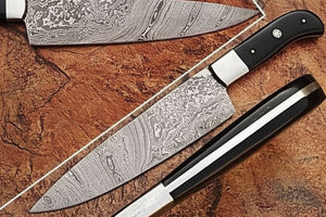 Handcrafted Damascus Steel Chef Knife, Black Resin Handle, Japanese Kitchen Blade by JW SteelCrafts by JW SteelCrafts, Damascus knife detail photo 2
