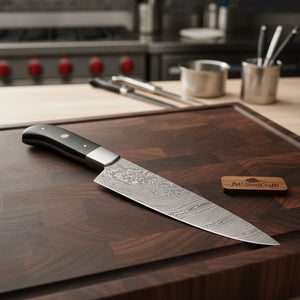 Handcrafted Damascus Steel Chef Knife, Black Resin Handle, Japanese Kitchen Blade by JW SteelCrafts by JW SteelCrafts, Damascus knife main product photo