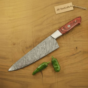 12 Inch Handmade Damascus Gyuto Chef Knife – Japanese Style Blade with Red Pakka Wood Handle by JW SteelCrafts, Damascus knife main product photo