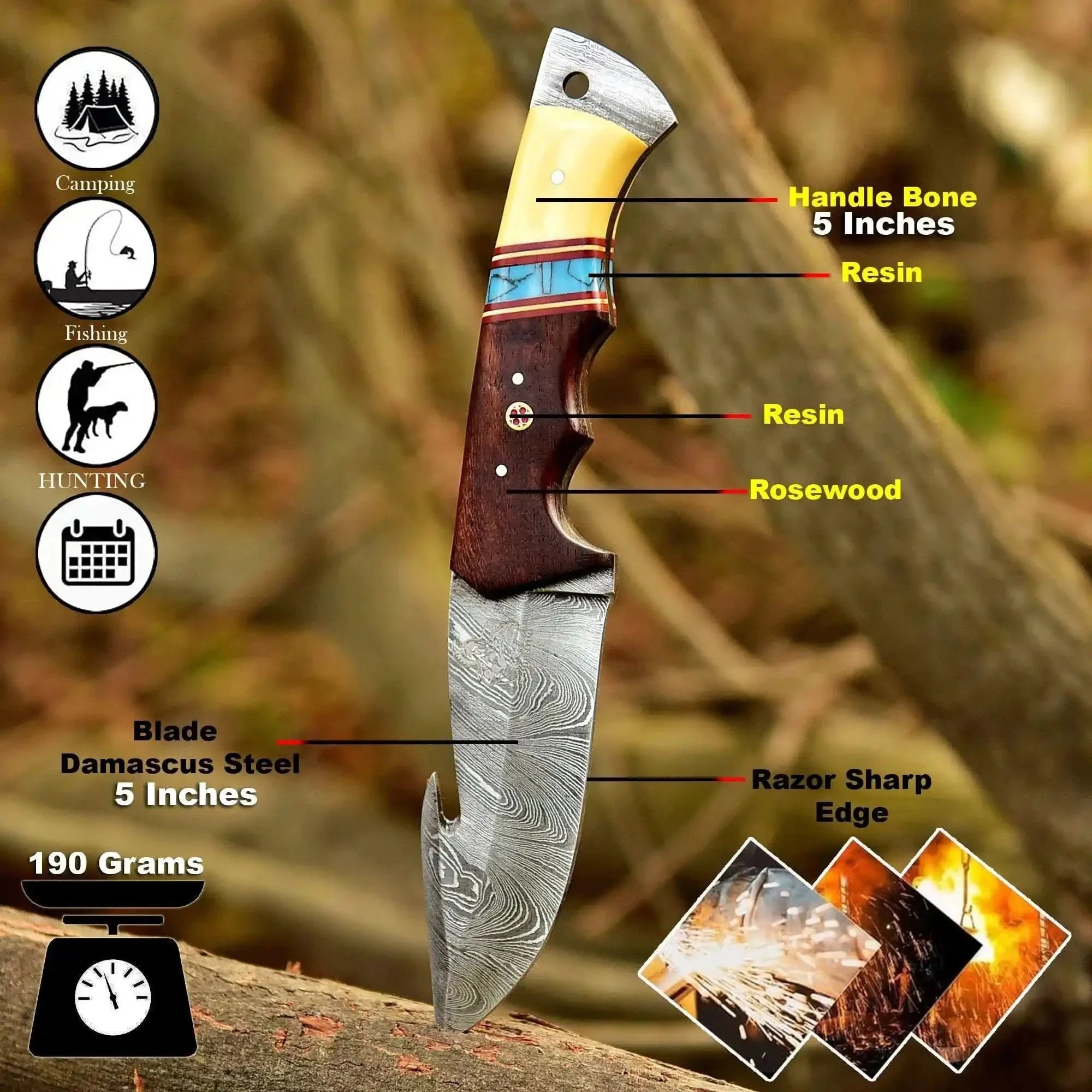 10-Inch Damascus Gut Hook Hunting Knife — Bone, Turquoise Resin & Rosewood Handle by JW SteelCrafts, Damascus knife detail photo 2