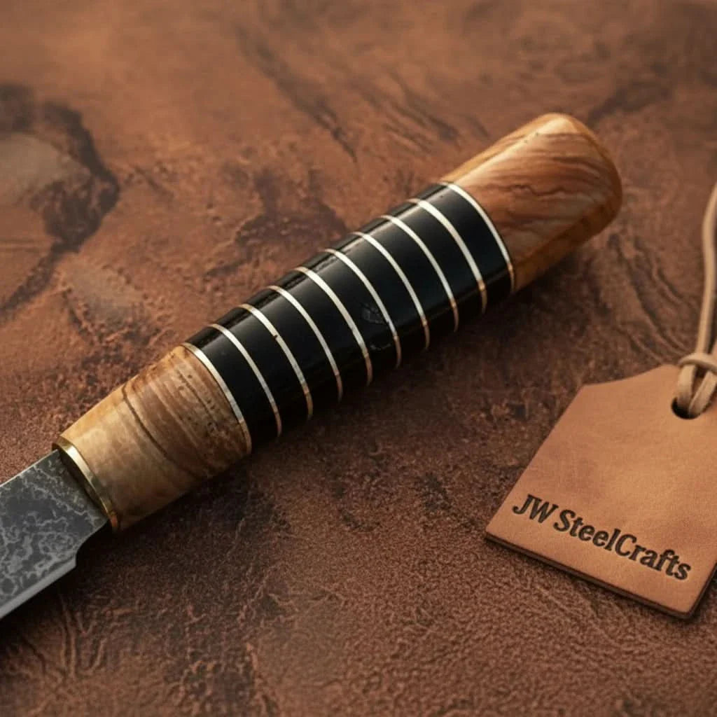 Damascus Kiritsuke Gyuto Chef Knife 12” – Olive Wood & Black Resin Handle with Brass Spacers | Full Tang Japanese Hybrid Knife by JW SteelCrafts, Damascus knife detail photo 5