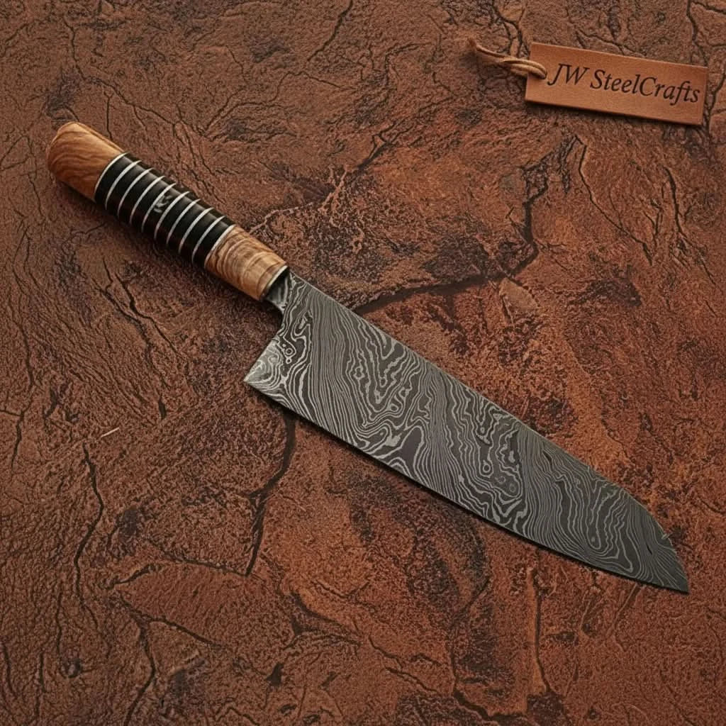 Damascus Kiritsuke Gyuto Chef Knife 12” – Olive Wood & Black Resin Handle with Brass Spacers | Full Tang Japanese Hybrid Knife by JW SteelCrafts, Damascus knife detail photo 4