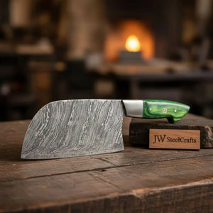 Handmade Damascus Nakiri Chef Knife with Wide Vegetable Blade, Green Pakka Wood Handle, Full Tang Kitchen Knife, JW SteelCrafts by JW SteelCrafts, Damascus knife detail photo 2