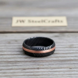 Damascus Offset Copper Inlay Ring with a Domed Dark Band detail view by JW SteelCrafts