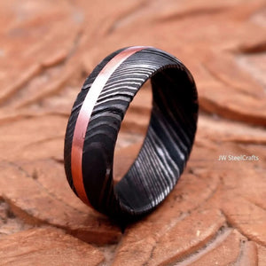 Damascus Offset Copper Inlay Ring with a Domed Dark Band by JW SteelCrafts