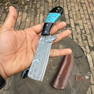 Handmade Damascus Skinner 7”–8” Knife Set Cowboy Ranch Blades Turquoise Handle with Sheath detail view by JW SteelCrafts