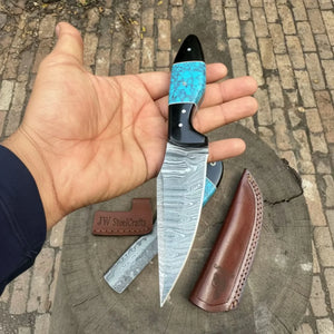 Handmade Damascus Skinner 7”–8” Knife Set Cowboy Ranch Blades Turquoise Handle with Sheath detail view by JW SteelCrafts